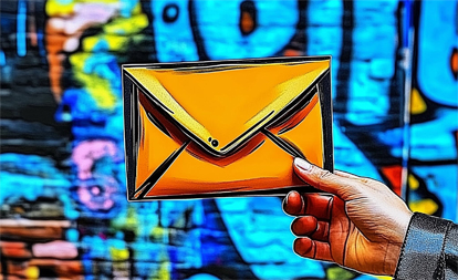 Digitalakademie – Themen Newsletter Vor einem blau-bunten grafischen Hintergrund hält eine Hand einen Briefumschlag in Zeichenoptik.