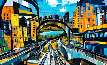 Digitalakademie Fahrplan In einer grafisch bunten Stadtlandschaft sieht man in der Bildmitte Gleise.