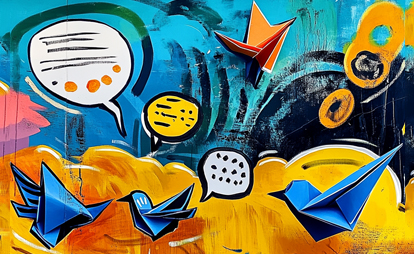 Digitalakademie Feedback blaue gefaltete Papiervögel schweben über gelben Wolken mit Sprechblasen.