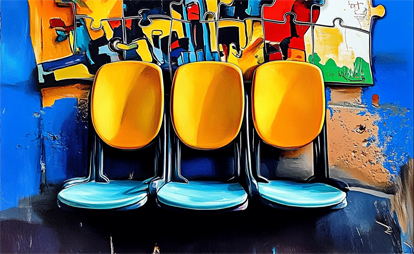 Digitalakademie Restplatzbörse Vor einer leuchtend blauen Wand mit einer bunten Puzzleoptik sind 3 Sitzplätze angebracht - türkise Sitzfläche und gelbe Rückenlehne.